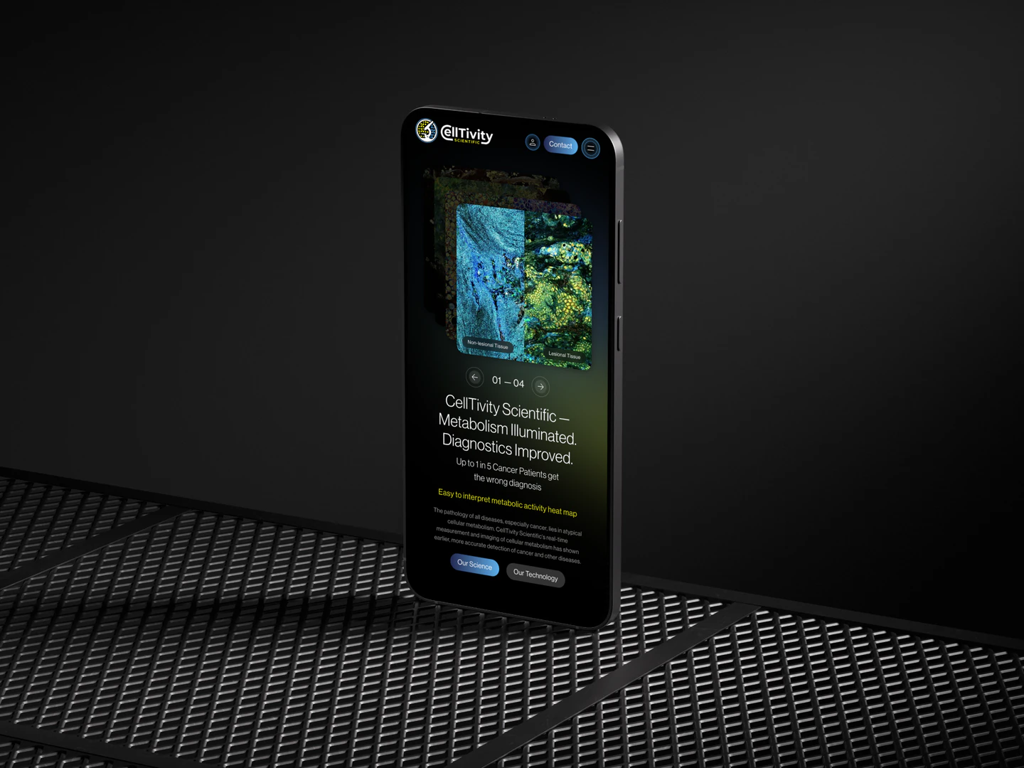 Celltivity mobile homepage on a phone standing on a textured metal surface