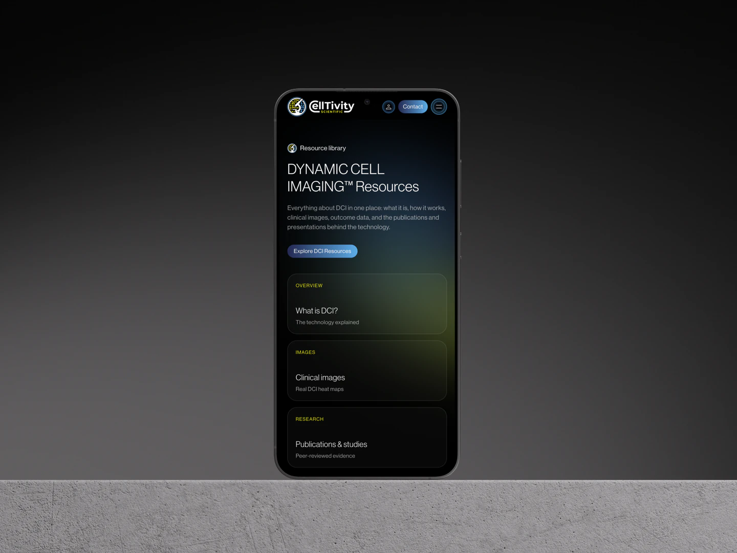 Celltivity mobile resource library on a phone mockup