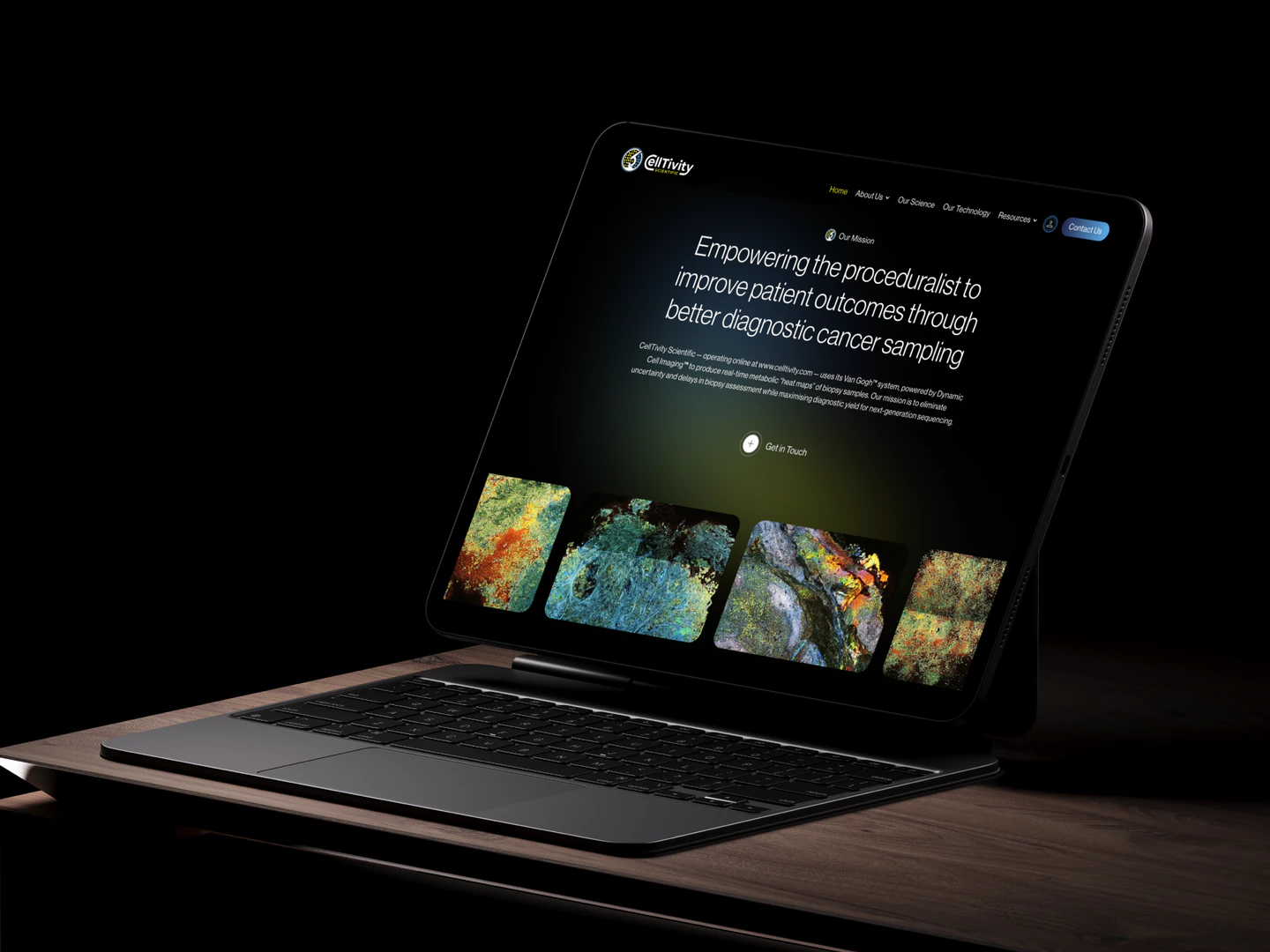 Celltivity mission section on a laptop against a dark background