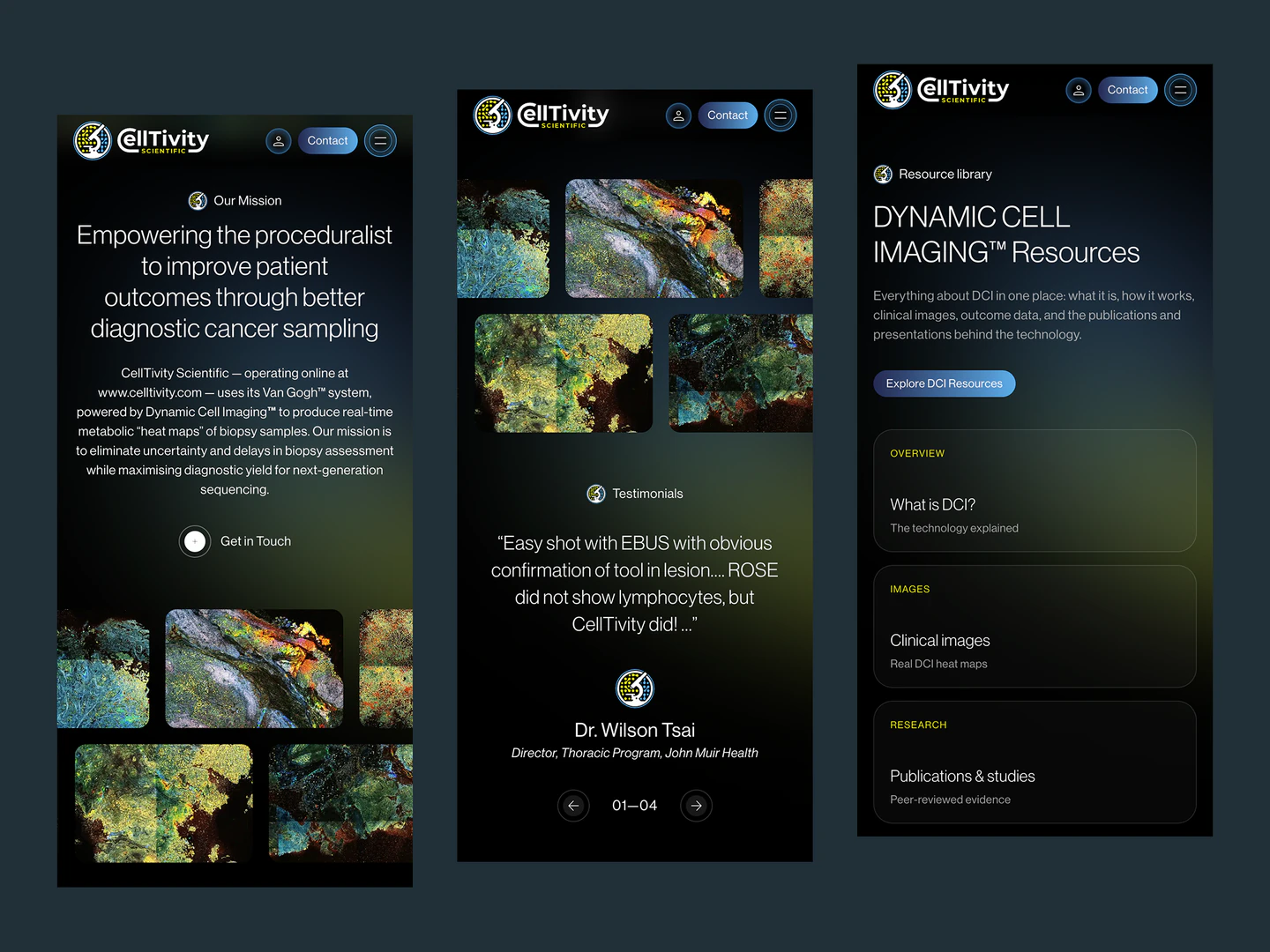 Celltivity mobile mission, clinical imagery and resource library sections