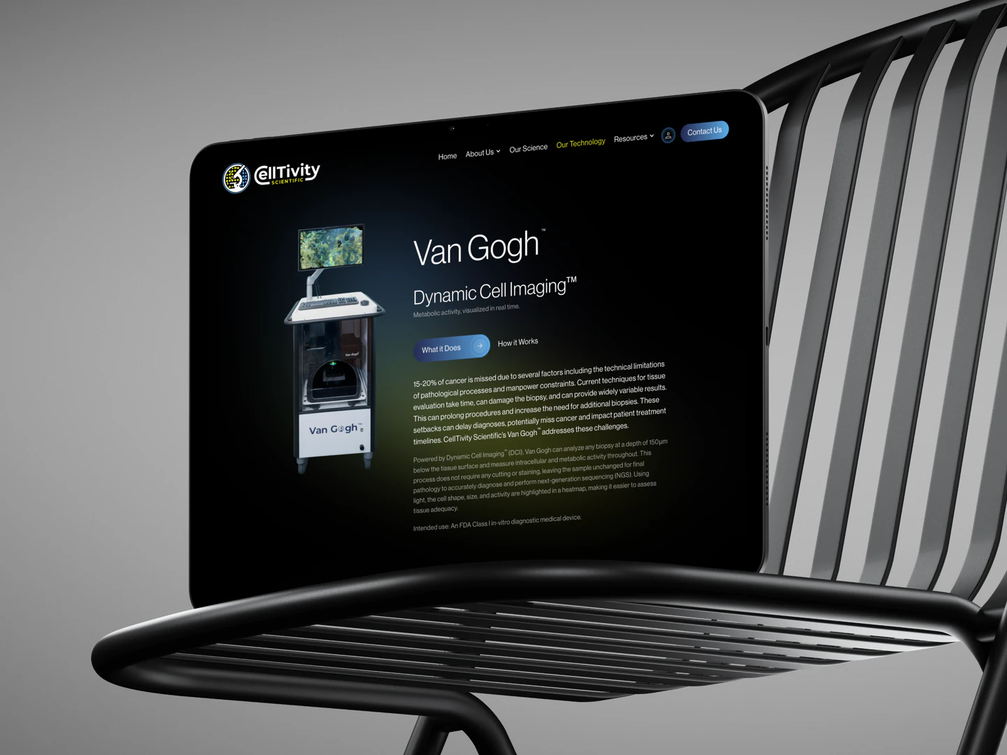 Celltivity Van Gogh technology page on a tablet resting on a metal chair