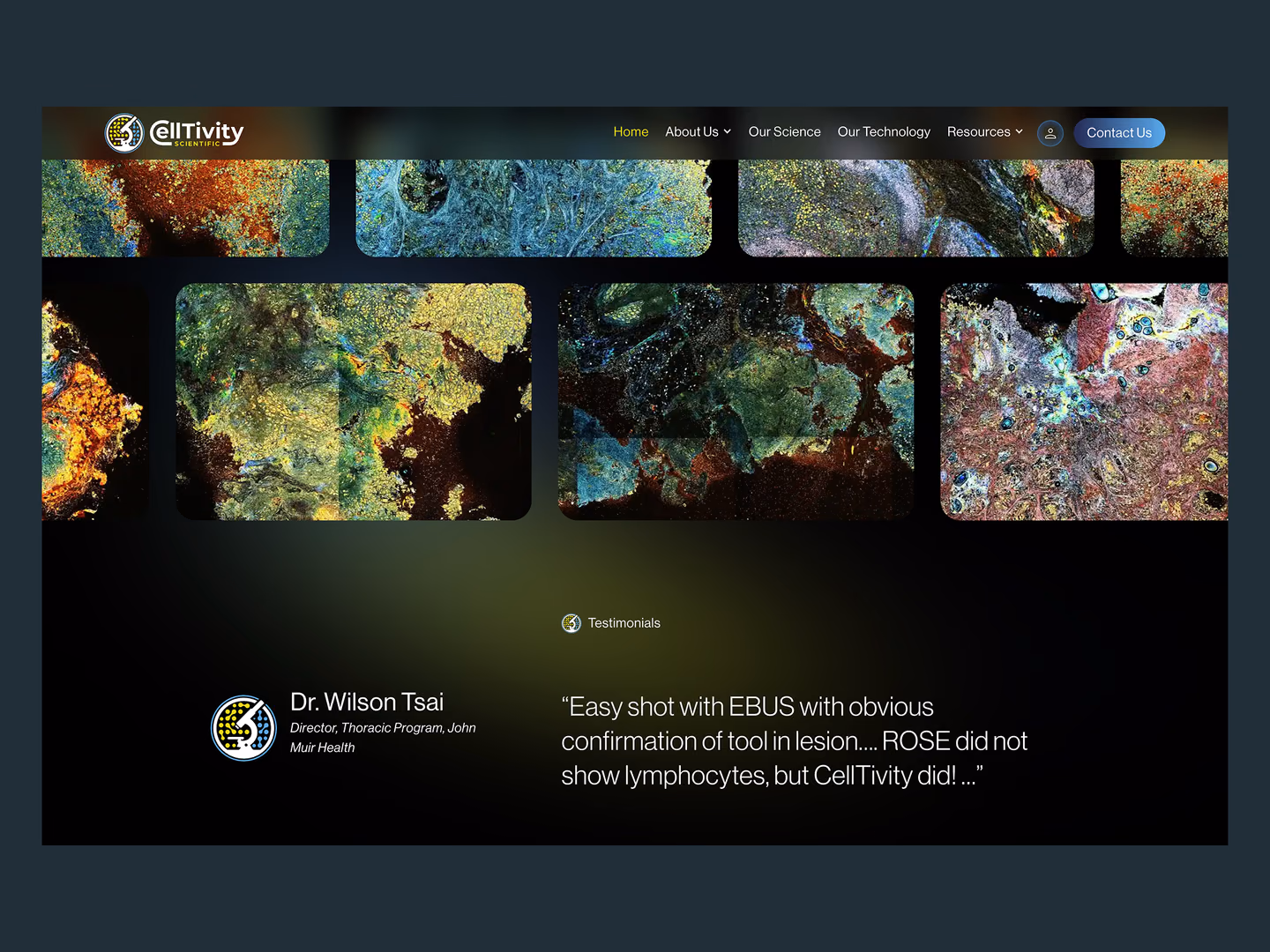 Celltivity desktop clinical imagery and testimonial section