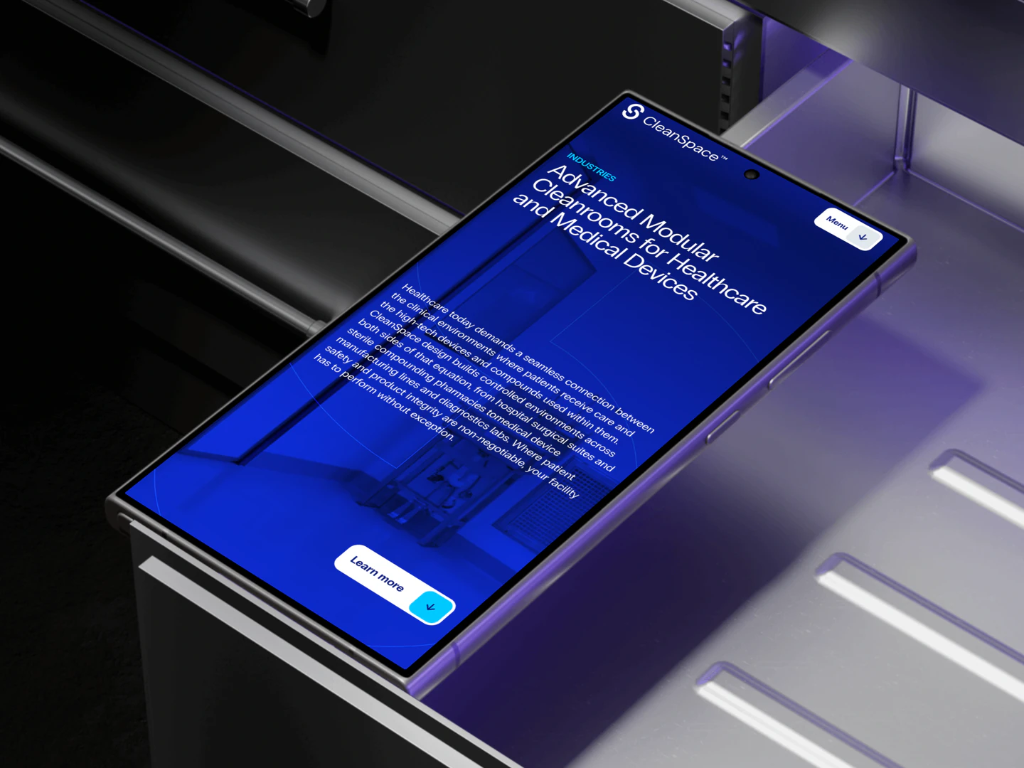 CleanSpace healthcare and medical device cleanroom page on a tablet