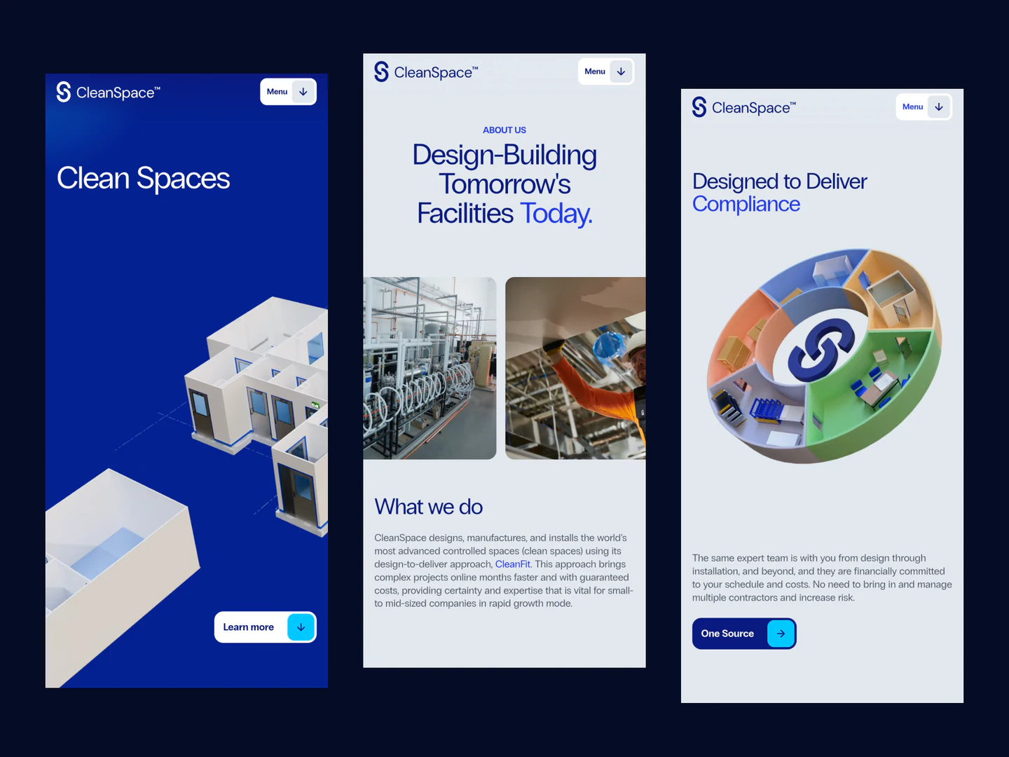 CleanSpace homepage, company overview, and compliance pages on mobile