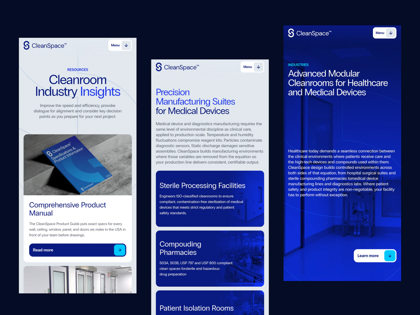 CleanSpace insights and healthcare cleanroom pages on mobile
