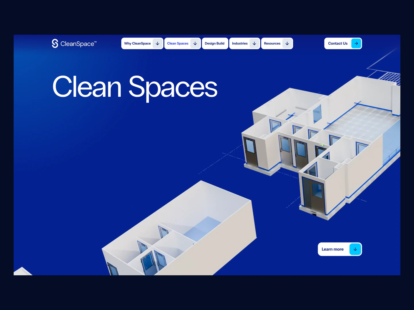 CleanSpace homepage with a modular cleanroom illustration