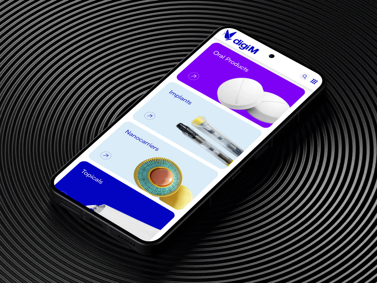 digiM mobile product categories on a phone over a circular textured surface