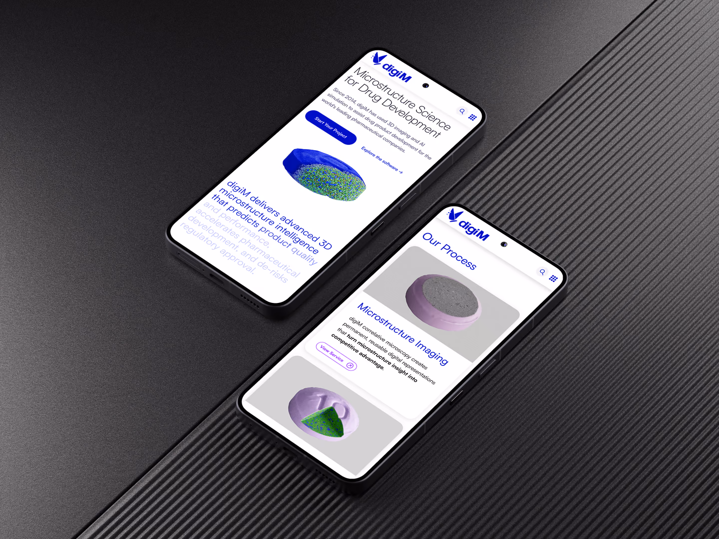 digiM mobile homepage and microstructure imaging process on two phones