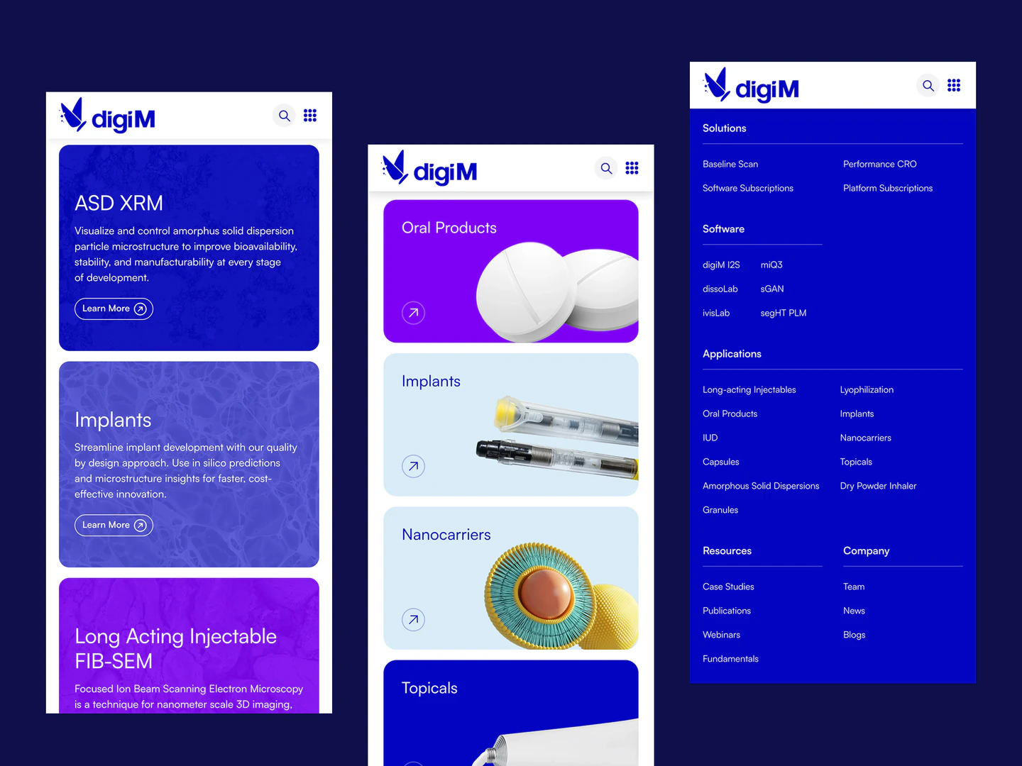 digiM mobile applications, product categories and navigation menu