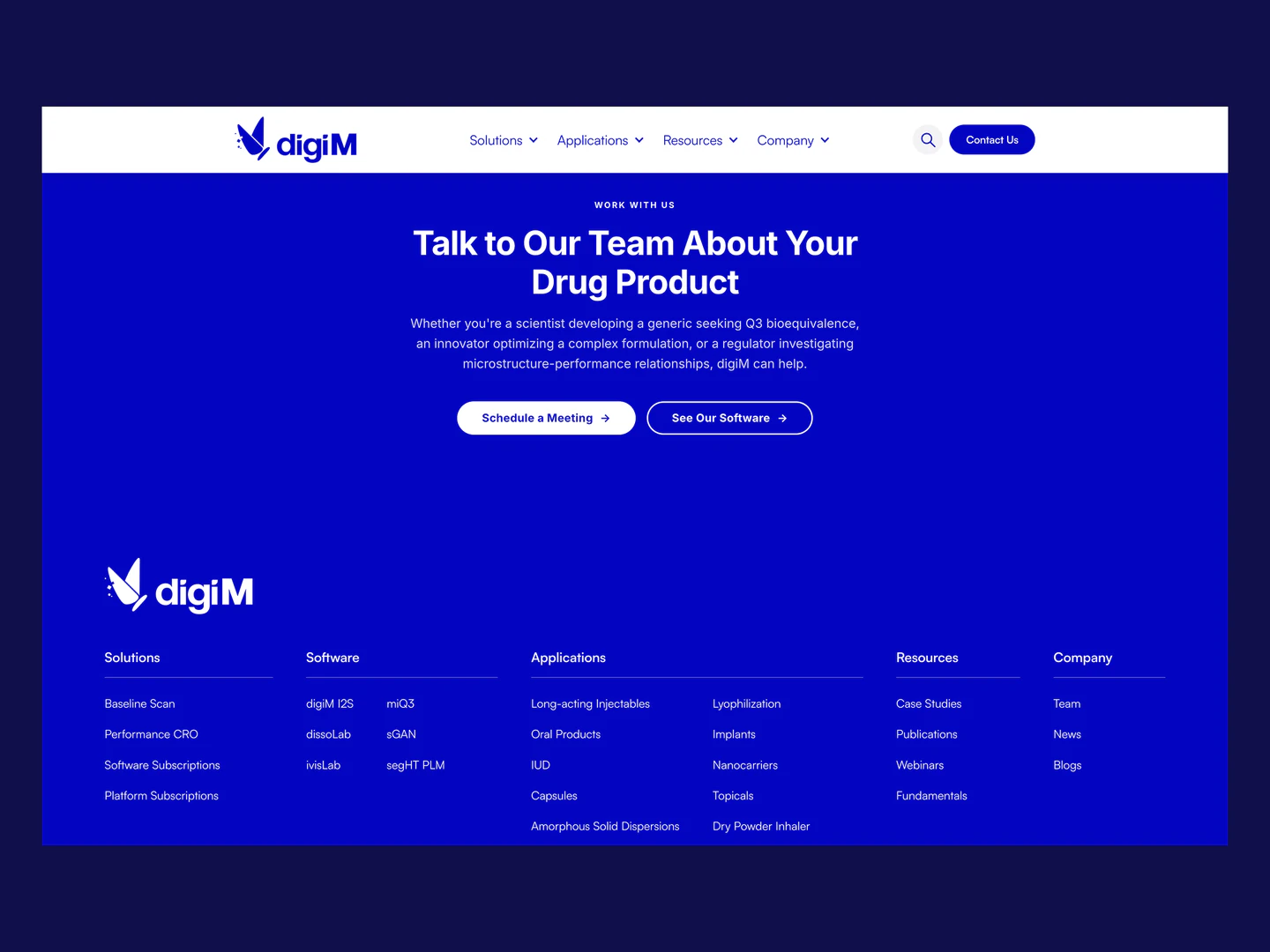 digiM desktop contact call to action and footer navigation