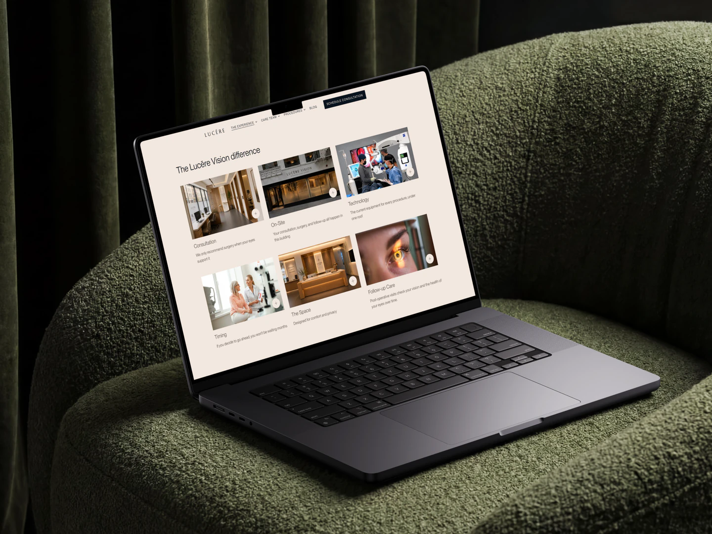 Lucēre Vision patient experience page displayed on a laptop on a green chair