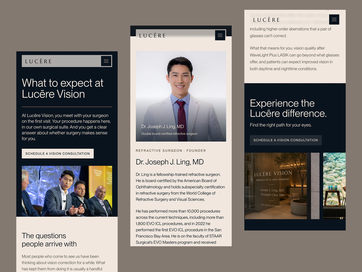 Lucēre Vision mobile layouts presenting the patient experience, Dr. Joseph Ling, and vision care