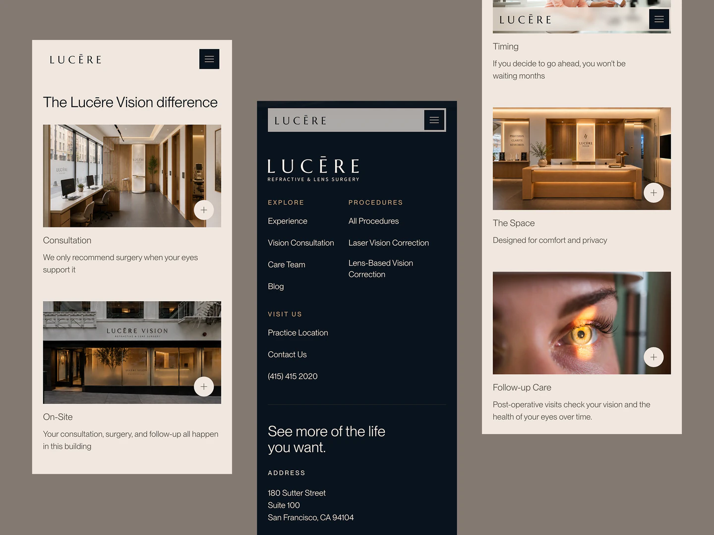 Lucēre Vision mobile layouts showing practice highlights, navigation, and follow-up care