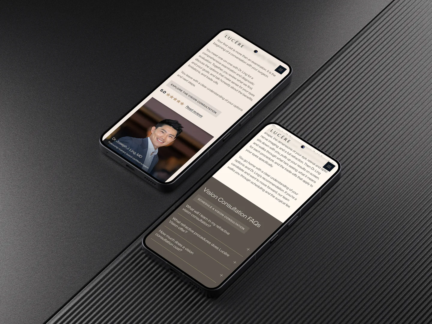 Lucēre Vision care team and consultation pages displayed on two phones