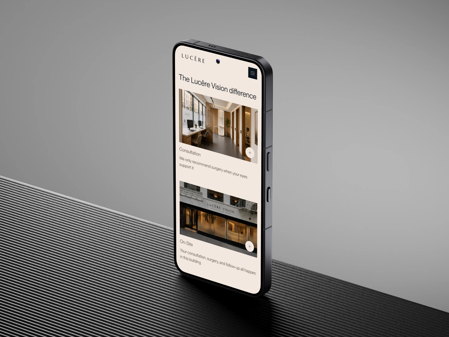 Lucēre Vision patient experience page displayed on a phone