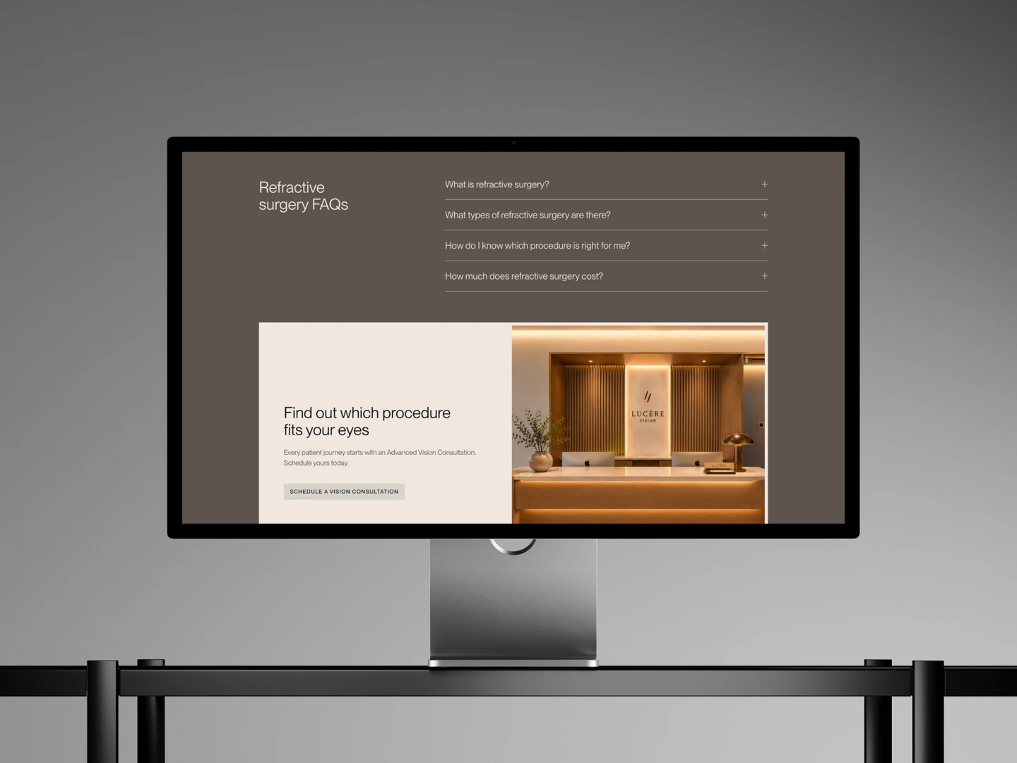 Lucēre Vision refractive surgery FAQs and consultation invitation displayed on a desktop monitor