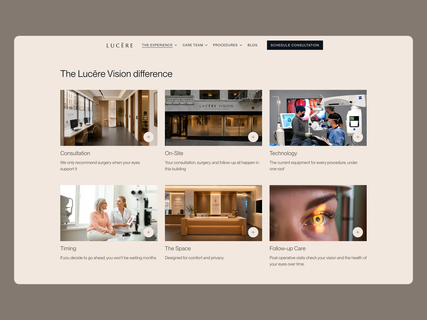 Lucēre Vision patient experience page showing consultation, technology, and follow-up care