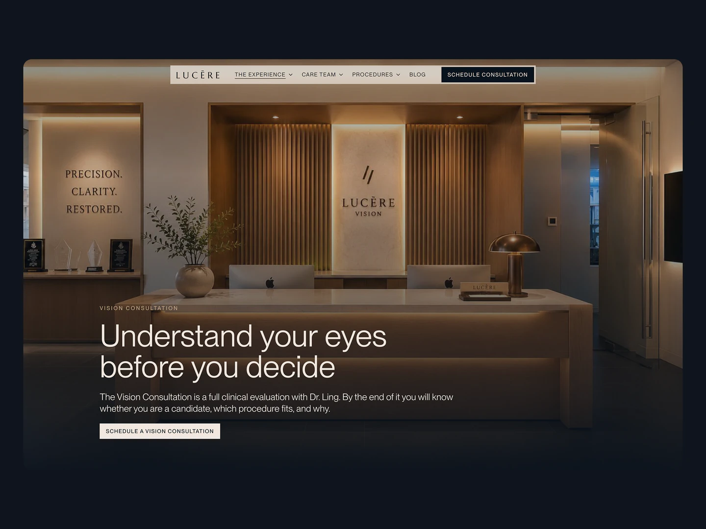 Lucēre Vision consultation page with the practice reception and consultation invitation