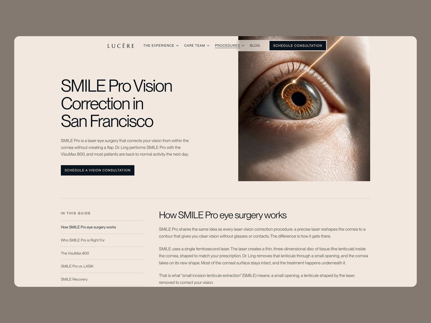 Lucēre Vision SMILE Pro vision correction page with treatment information and an eye photograph