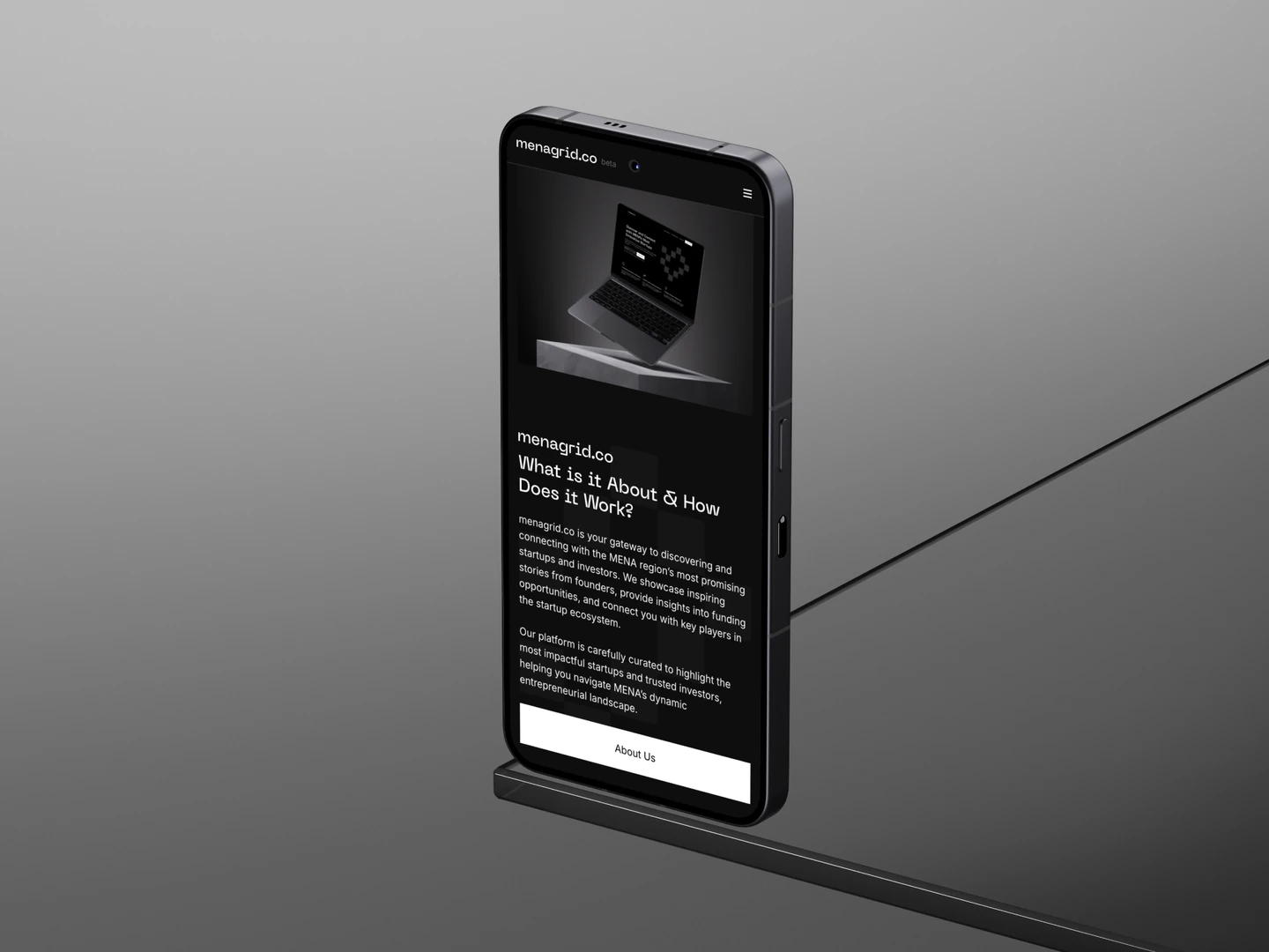 Menagrid platform introduction displayed on a phone against a gray background
