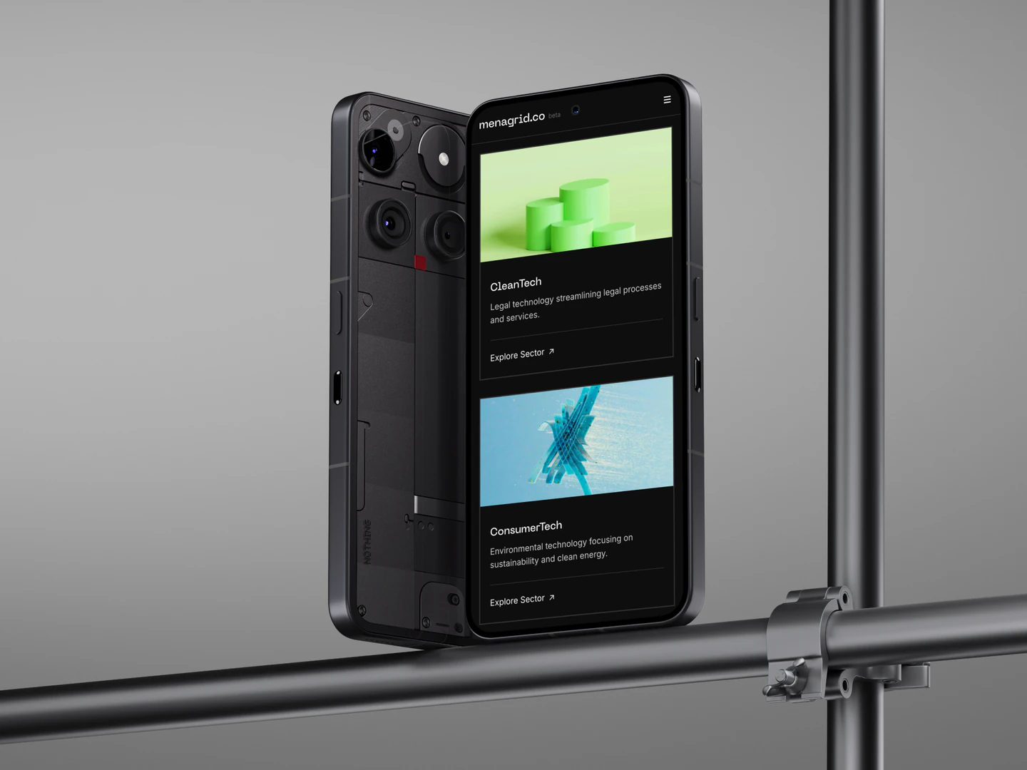 Menagrid startup sector cards displayed on a phone beside metal rails