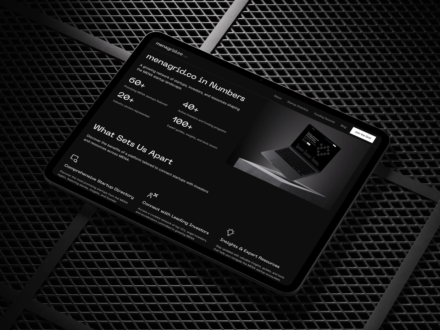 Menagrid network overview and platform features displayed on a tablet on a metal grid