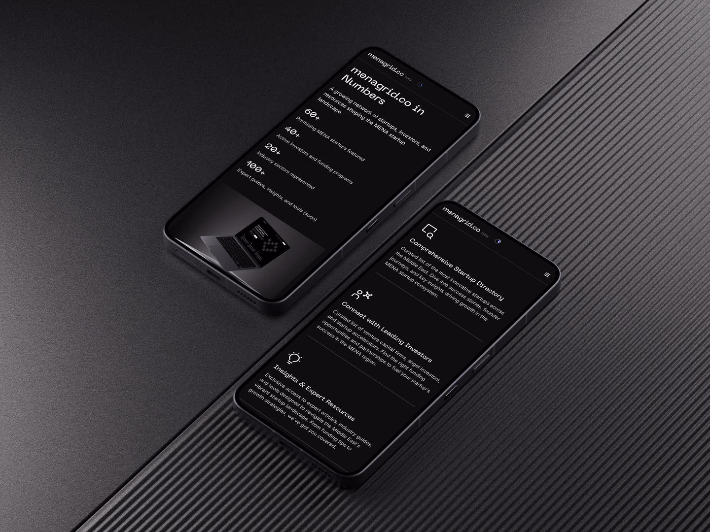Menagrid network overview and platform features displayed on two phones