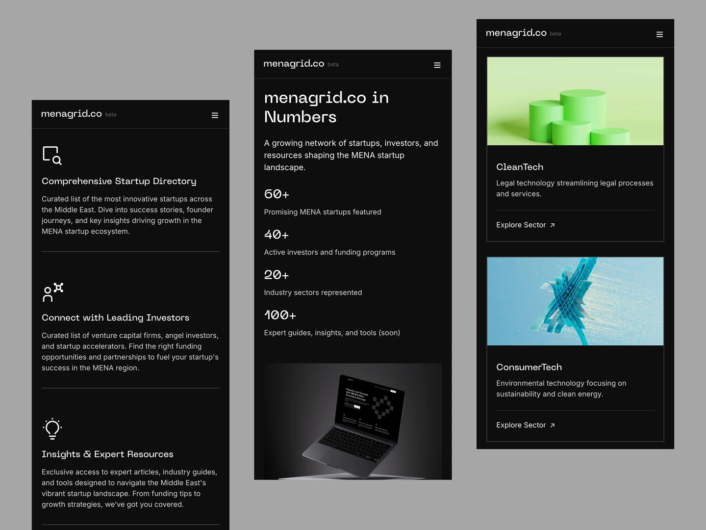 Menagrid mobile layouts presenting startup discovery, the network overview, and industry sectors