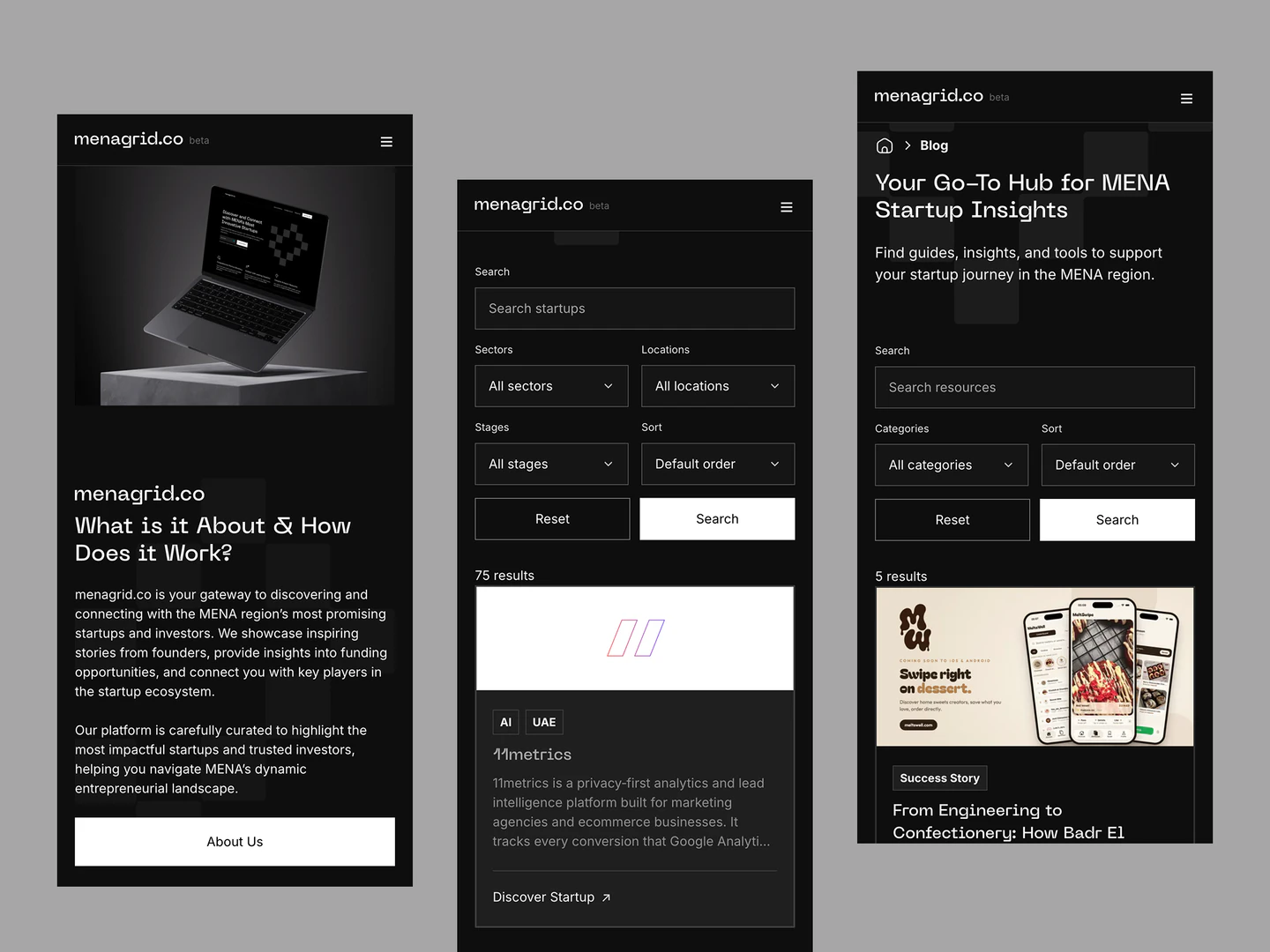 Menagrid mobile layouts showing the platform introduction, startup directory, and resource search