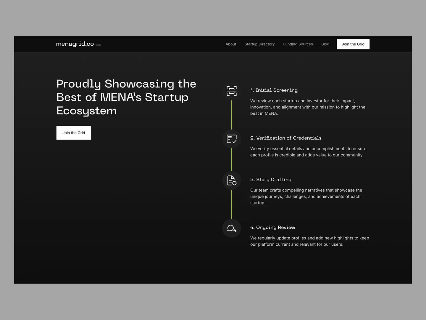 Menagrid startup selection and review process