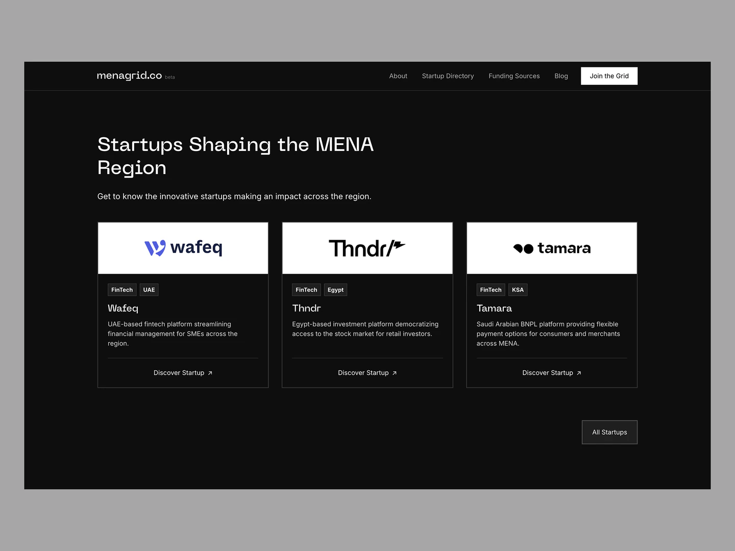 Menagrid featured startup cards for Wafeq, Thndr, and Tamara