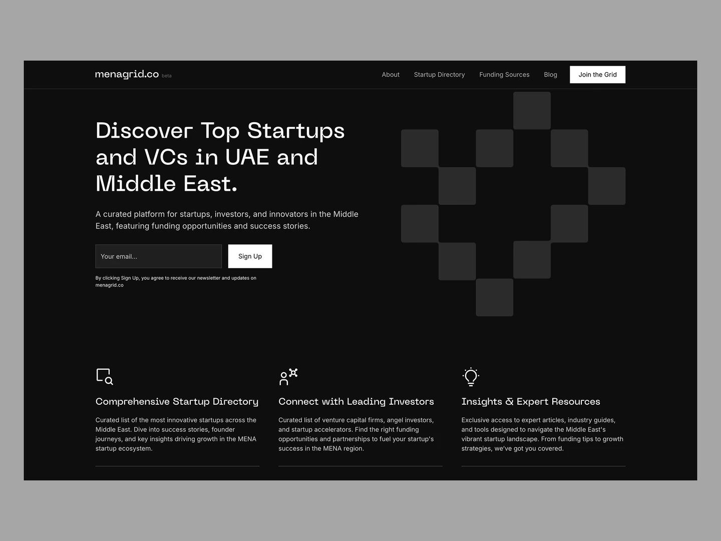 Menagrid homepage introducing MENA startup and investor discovery
