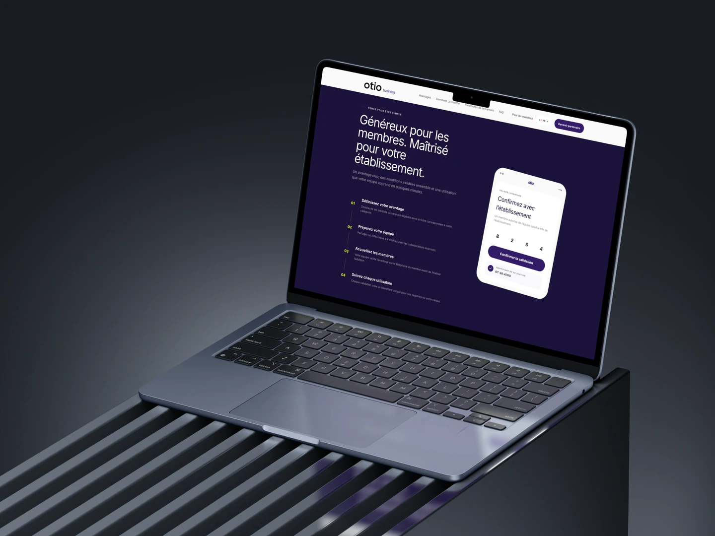 Otio partner benefits page displayed on a laptop on a metal bench