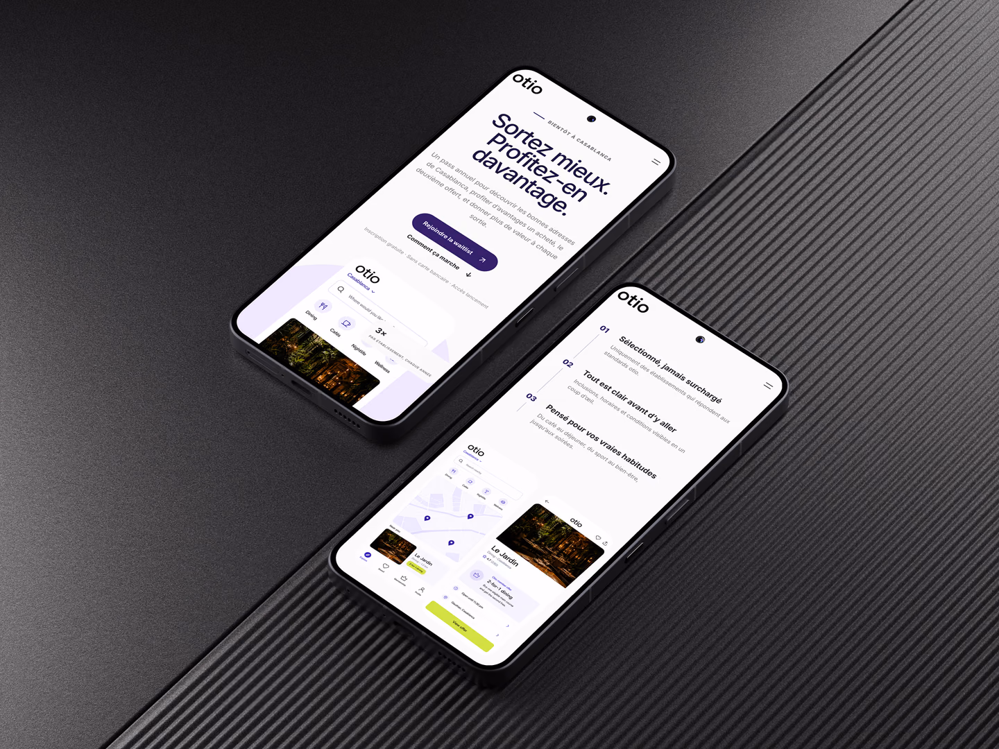 Otio homepage and membership FAQs displayed on two phones