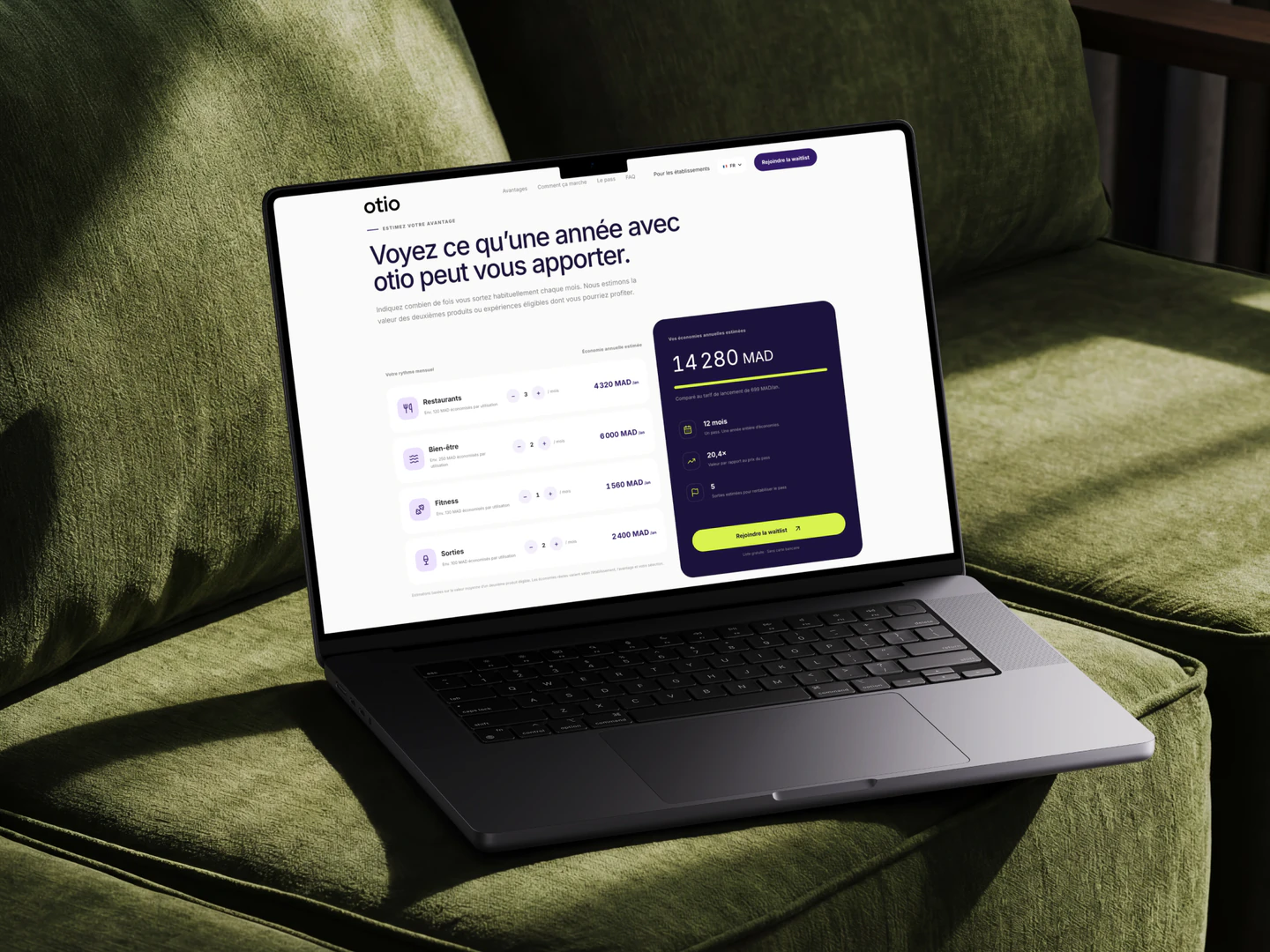 Otio annual membership savings calculator displayed on a laptop on a green chair