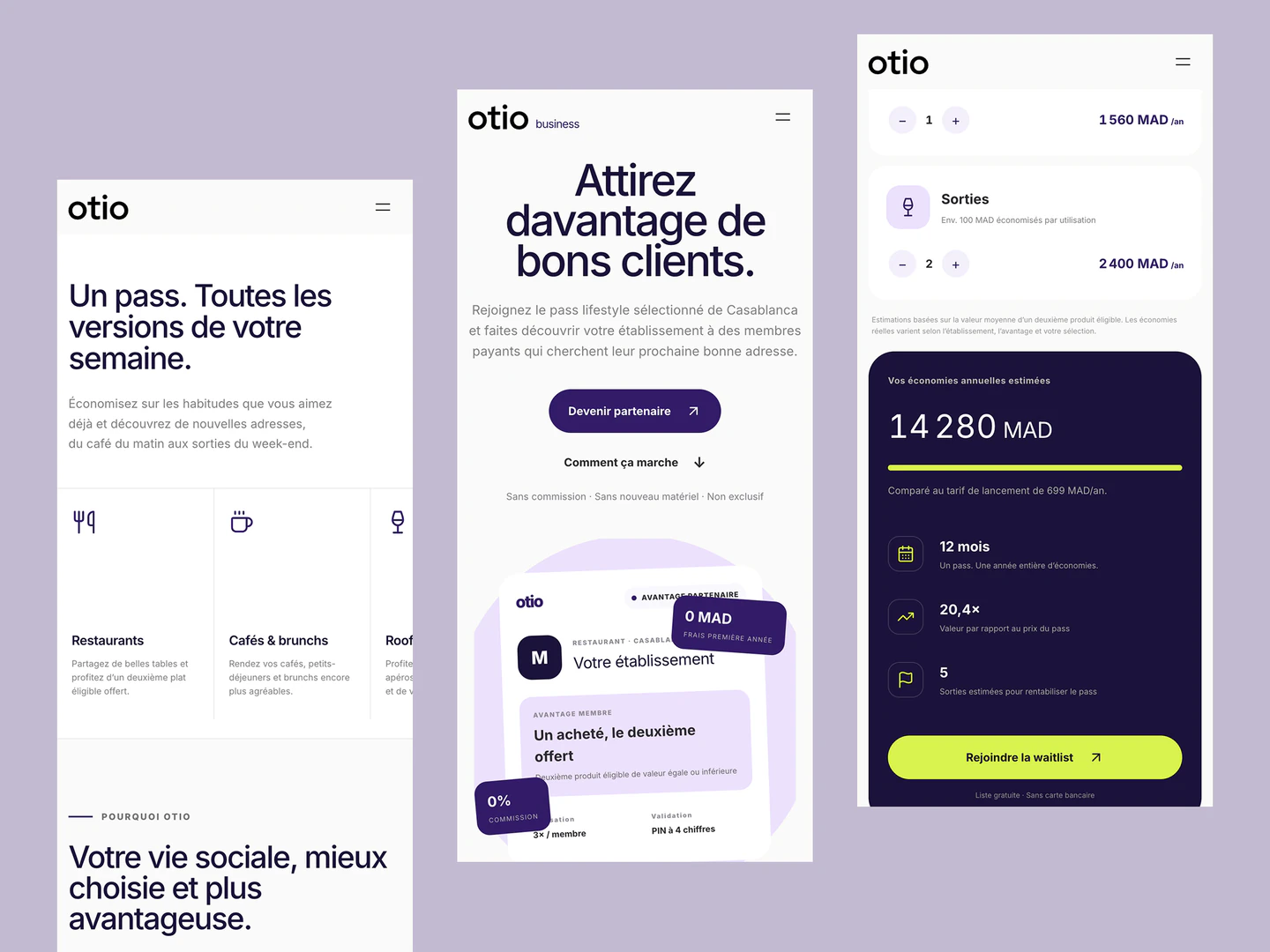 Otio mobile layouts presenting membership categories, venue partnerships, and estimated savings