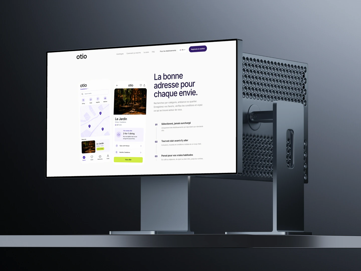 Otio venue discovery experience displayed on a desktop monitor