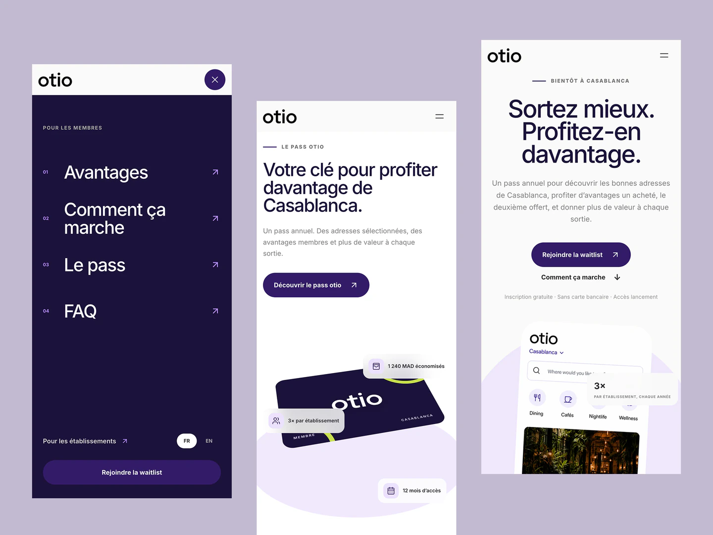 Otio mobile navigation, membership pass, and homepage layouts