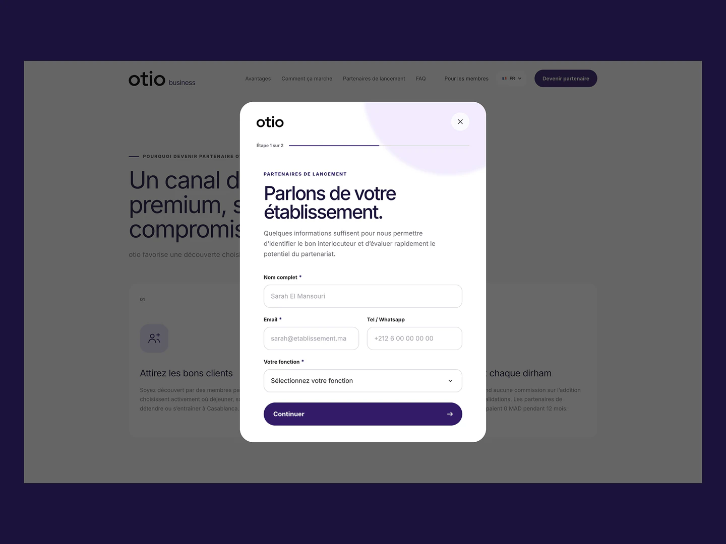 Otio venue partnership enquiry form on the partner page