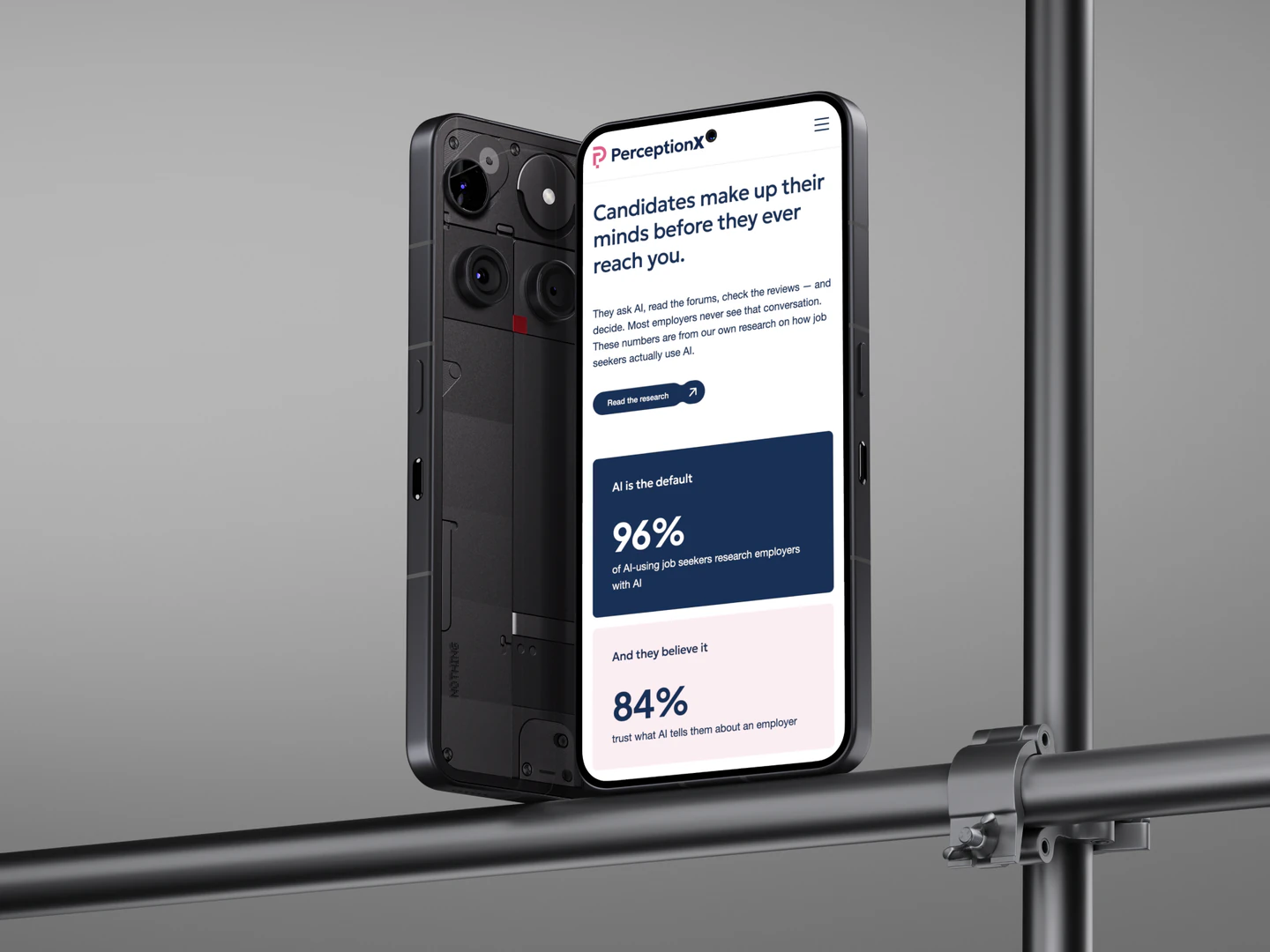 PerceptionX employer reputation research on a mobile phone mockup