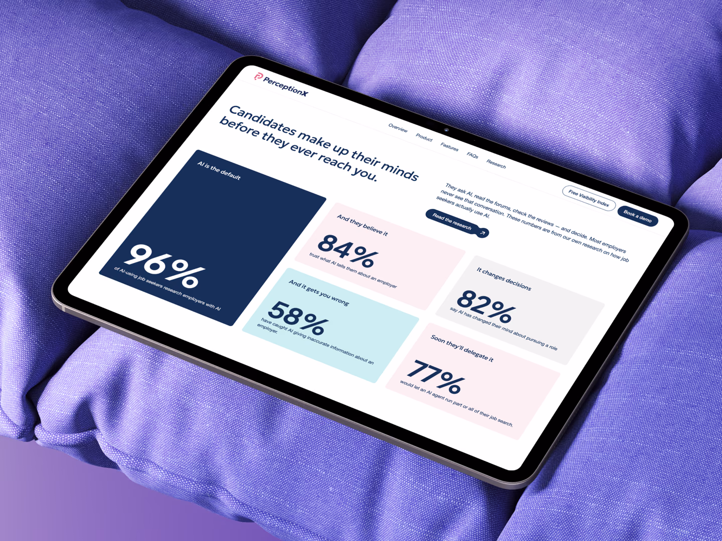 PerceptionX employer reputation research on a tablet resting on purple fabric