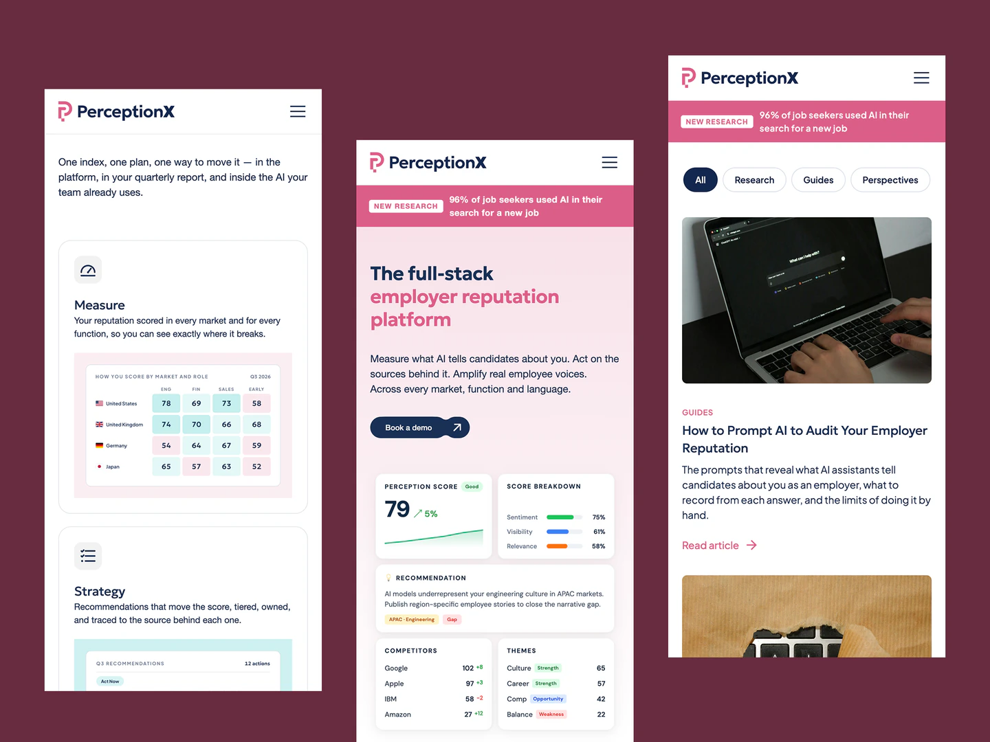 PerceptionX mobile product, homepage and research pages