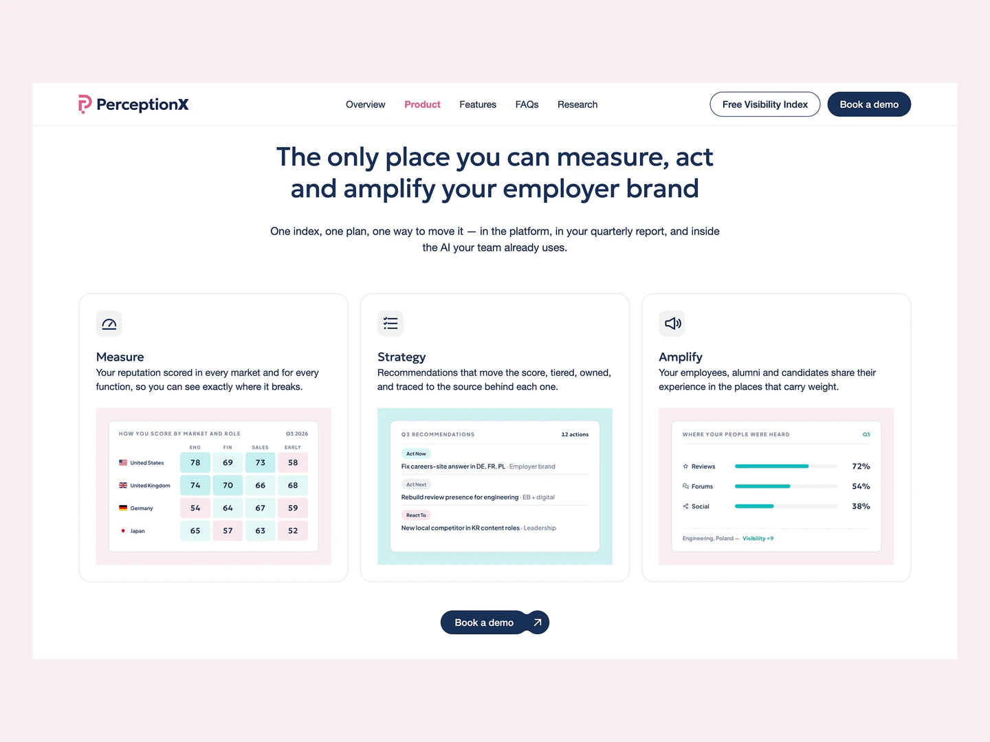 PerceptionX desktop product page showing measure, strategy and amplify features