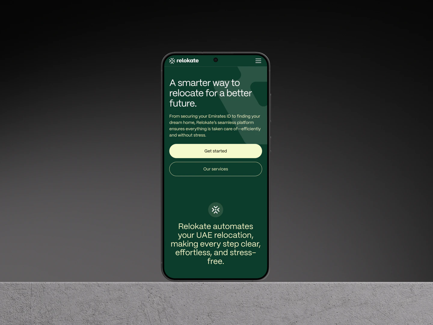 Relokate mobile homepage on a phone mockup