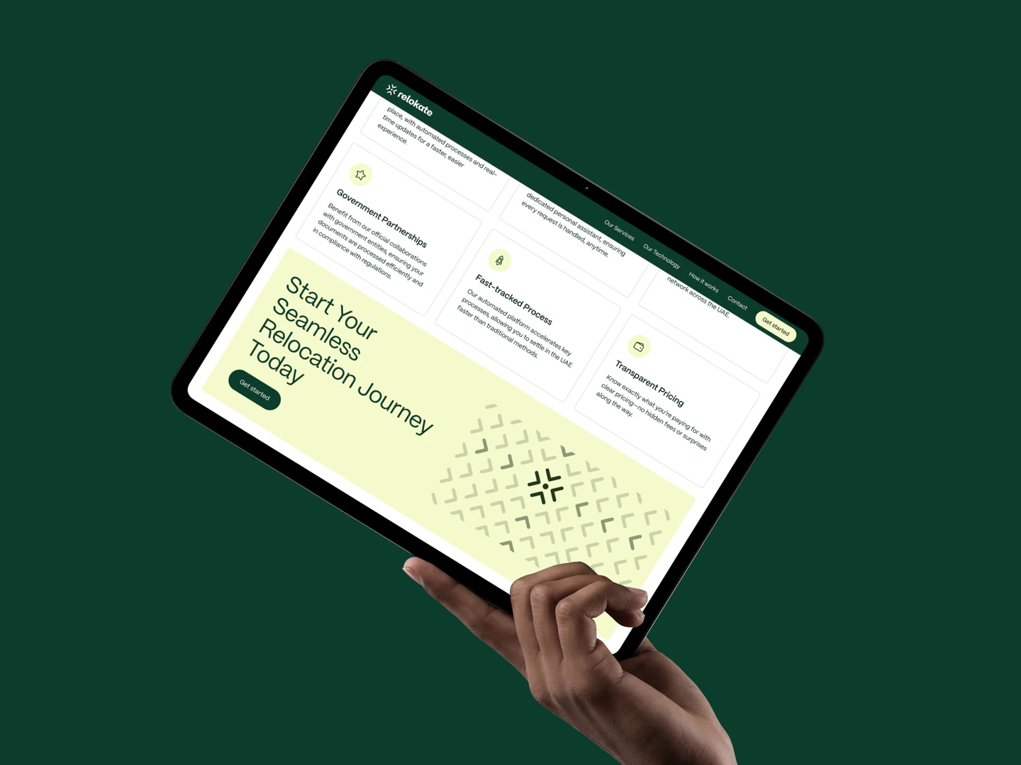 Relokate services and relocation call to action on a handheld tablet