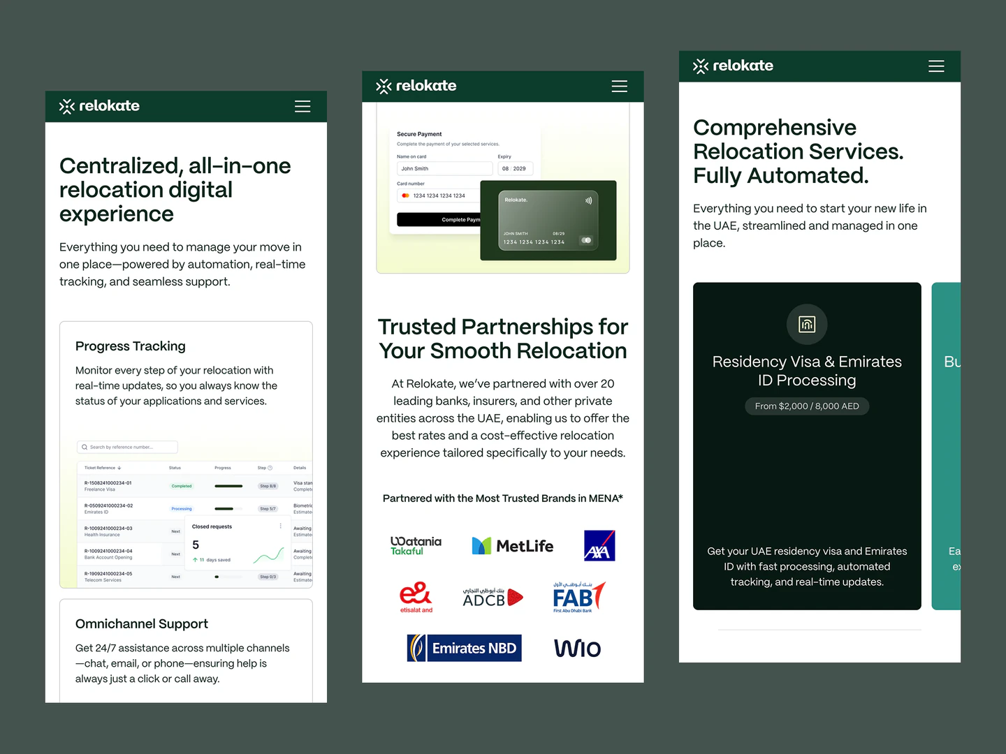 Relokate mobile platform, partnerships and relocation services sections