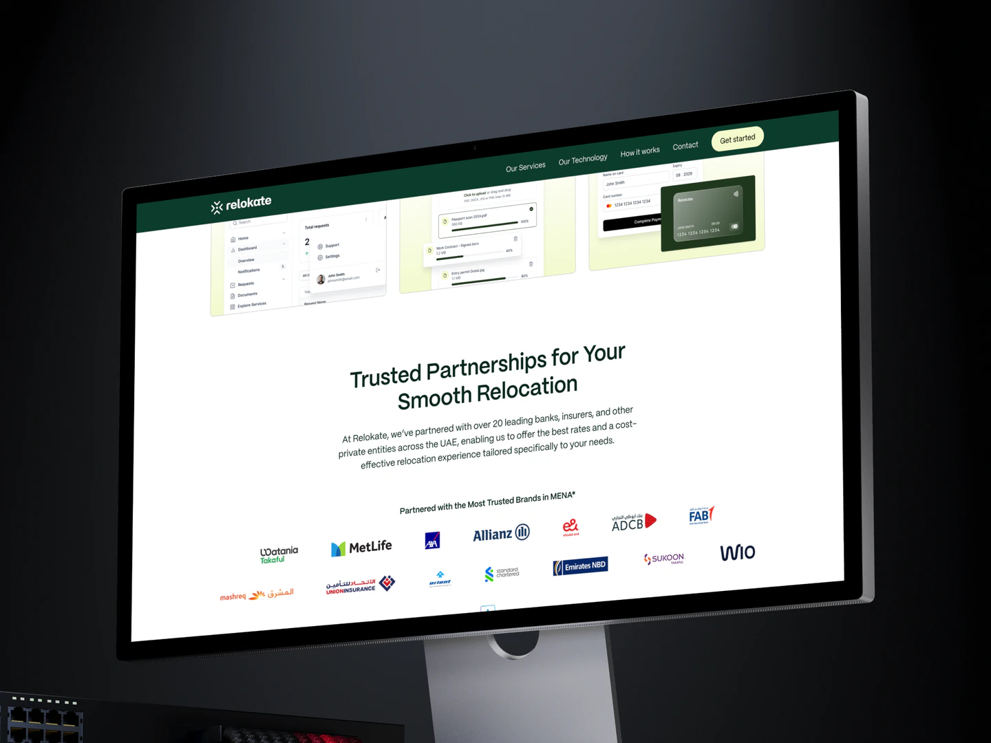 Relokate partnerships section on a desktop monitor
