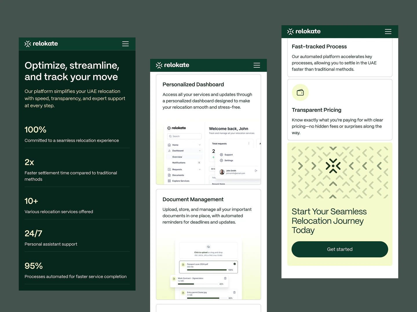 Relokate mobile benefits, dashboard and relocation call to action sections