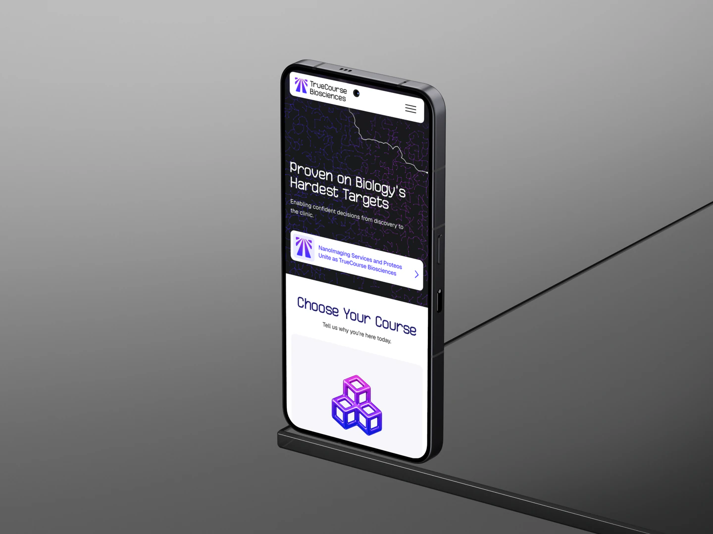 TrueCourse Biosciences homepage displayed on a phone against a gray background
