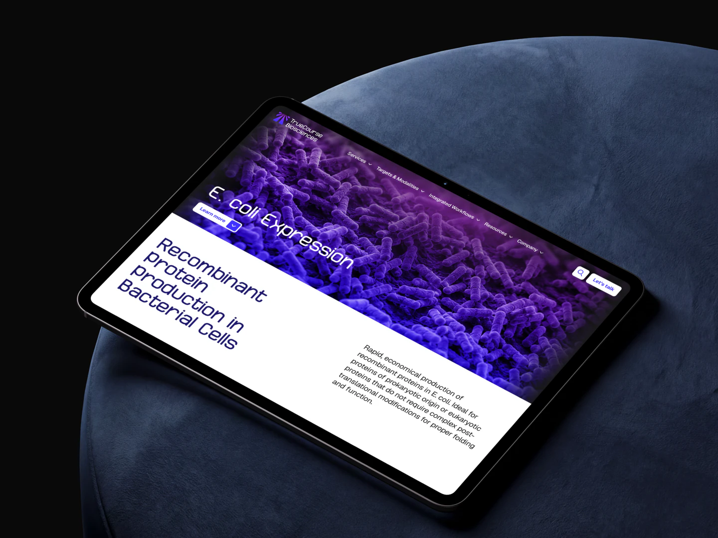 TrueCourse Biosciences E. coli expression page displayed on a tablet on a blue chair